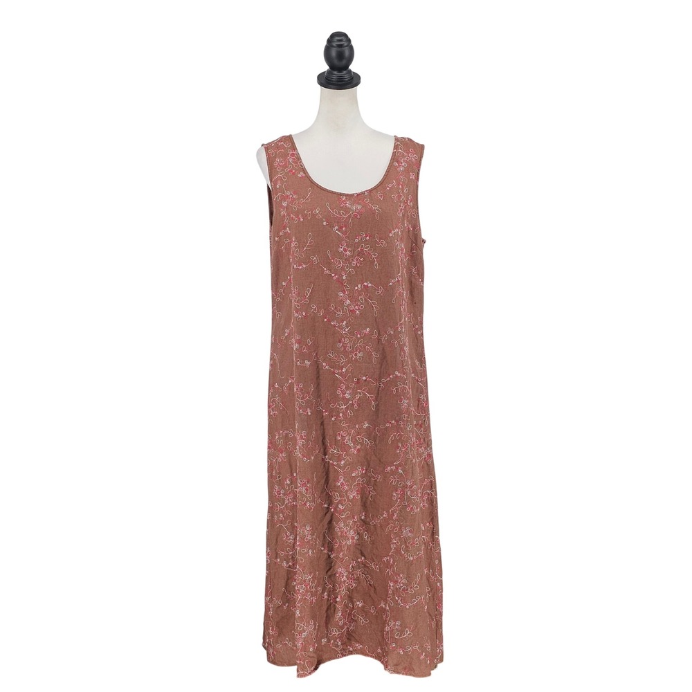 The Territory Ahead Linen Maxi Dress 16 Brown Floral Embroidered Coastal Cottage
